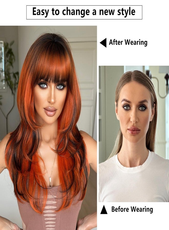 7JHH WIGS 24 Inch Ginger Orange Ombre Black Layered Tail Bangs Wig with Dark Roots Ginger Medium Length Wig Synthetic Heat Resistant Fiber Wig for Women Fashion Edgy Daily Party Cosplay - Image 4